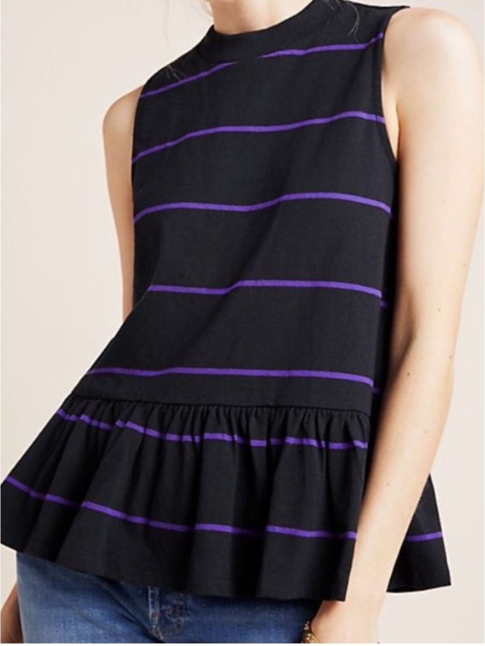 Anthropologie Hildi Black with Purple Stripe Peplum Sleeveless Top NWT size XS